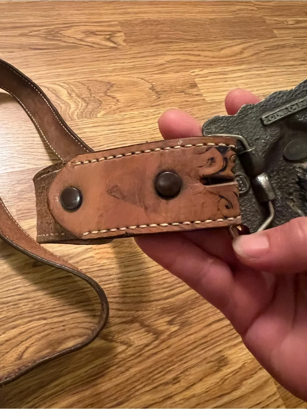 Vintage Unisex Brown Tooled Leather Western Belt with Decorative Buckle